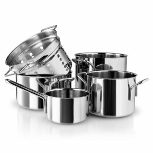 Eva Trio - Stainless Steel Topfset Pasta (5-tlg.) Stielkasserolle 1.1 l / Kochtopf 2.2 l / Kochtopf 3.6 l / Kochtopf 4.8 l / Pasta Sieb