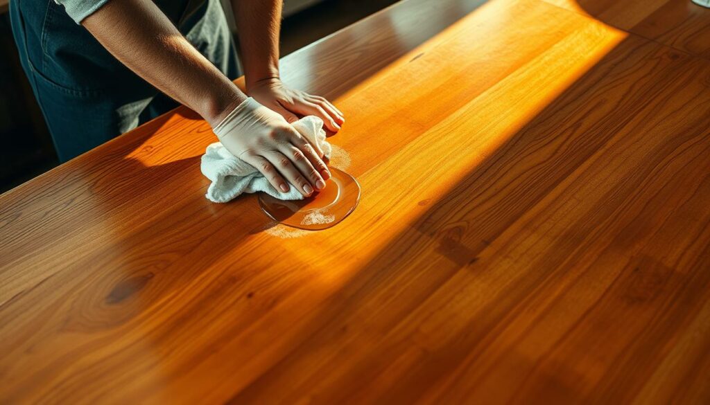 A beautifully lit, high-angle shot of a wooden dining table being carefully oiled with a clean, soft cloth. The table's surface gleams with a fresh, natural sheen as the worker diligently rubs the oil into the wood grain, creating a smooth, protected finish. Warm, directional lighting casts gentle shadows, highlighting the table's elegant design and the worker's methodical, skilled movements. The image conveys a sense of care, craftsmanship, and the satisfying process of properly maintaining a cherished piece of furniture.