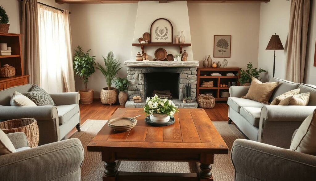 A cozy Landhausstil living room with a rustic wooden coffee table as the focal point. Soft lighting filters in through sheer curtains, casting a warm glow on the scene. The table is surrounded by plush armchairs and a loveseat in neutral tones, complemented by natural textures like woven baskets and potted plants. In the background, a stone fireplace mantled with decorative items creates a sense of country charm. The overall atmosphere is one of understated elegance and relaxation, perfectly suited for a Landhausstil-inspired home.