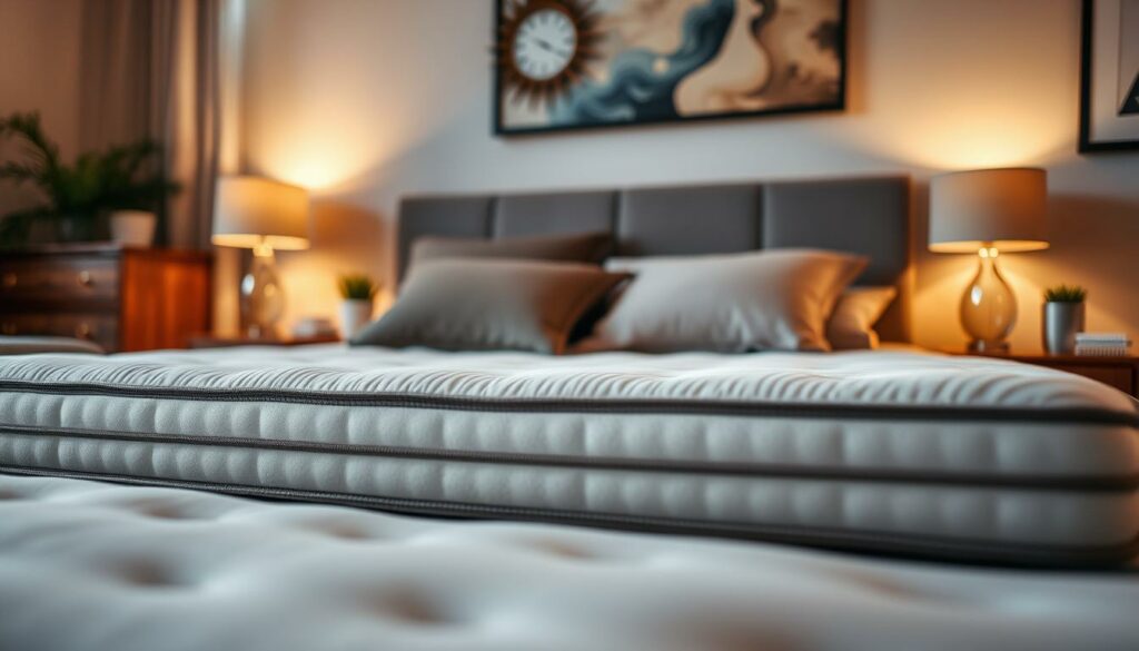 A cozy and inviting bedroom scene, with a comfortable-looking mattress taking center stage. The mattress is presented in a way that showcases its supportive and ergonomic design, perfectly suited for a restful night's sleep. Soft, warm lighting illuminates the scene, creating a serene and relaxing atmosphere. The room is adorned with subtle, tasteful decor elements that complement the overall style and mood. The camera angle is positioned to highlight the mattress, allowing the viewer to imagine themselves sinking into its plush surface and experiencing the optimal sleep style it offers.