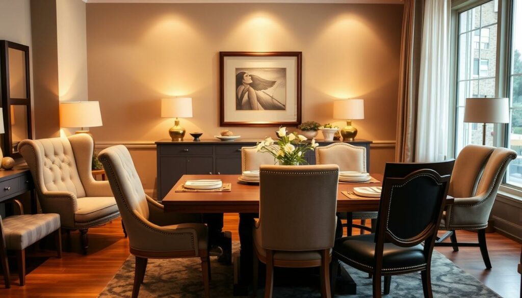 A cozy and inviting dining room setting, with a well-curated selection of elegant dining chairs arranged around a wooden table. The chairs feature a variety of styles, from classic wingback designs to sleek, modern silhouettes, showcasing a range of materials such as plush upholstery, natural wood, and metallic accents. Warm, indirect lighting casts a soft glow, creating a welcoming ambiance. The room is bathed in neutral tones, with subtle pops of color from decorative elements, reflecting a refined and harmonious aesthetic. The chairs are positioned to create a balanced and visually appealing composition, inviting the viewer to imagine the perfect dining experience.