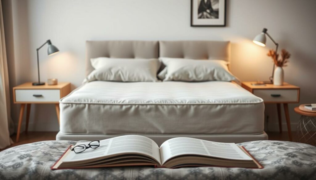 A cozy bedroom scene with a plush, high-quality boxspring bed as the central focus. The bed is adorned with crisp, tailored bedding in a neutral palette, accentuating its clean, modern lines. Subtly-lit nightstands flank the bed, creating a warm, inviting atmosphere. In the foreground, an open book and a pair of reading glasses suggest a moment of relaxation, while the background features a minimalist, scandinavian-inspired decor, allowing the bed to take center stage. The overall composition conveys a sense of comfort, quality, and thoughtful design, embodying the essence of the "Härtegrade Boxspringbett" concept.
