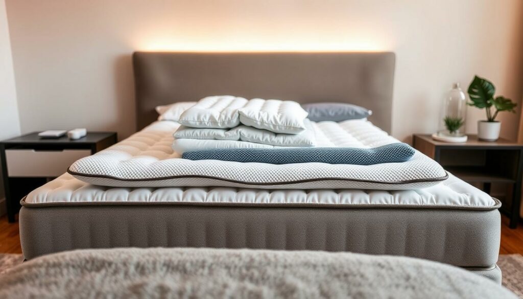 A cozy bedroom setting, with a neatly made Boxspringbett taking center stage. Atop the mattress, a selection of Topper options are displayed, showcasing their varying textures and thicknesses. Warm, diffused lighting illuminates the scene, casting a soft, inviting glow. The camera angle is positioned at eye level, allowing the viewer to engage with the scene as if they were standing in the room, contemplating the best Topper choice. The overall mood is one of comfort, expertise, and thoughtful consideration, reflecting the article's focus on "Wie wählt man den richtigen Topper?".