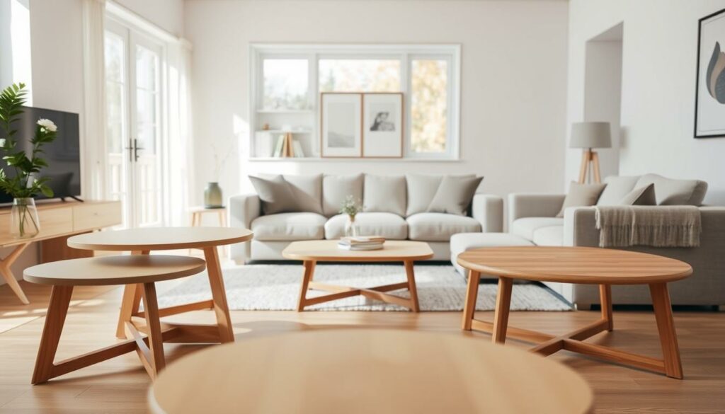 A cozy living room setting featuring a selection of user-friendly coffee tables. The tables are arranged in the foreground, showcasing their clean, minimalist designs and warm, natural wood finishes. In the middle ground, a comfortable seating arrangement invites relaxation, with plush sofas and armchairs in neutral tones. The background features a bright, airy room with large windows, allowing natural light to pour in and create a calming, harmonious atmosphere. The overall composition emphasizes the coffee tables' ergonomic heights, seamlessly integrating them into the living space and highlighting their role in facilitating a comfortable seated position.