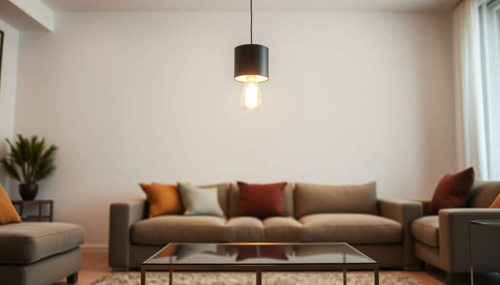 A cozy living room with a sleek, modern pendant light suspended above a stylish, low-profile coffee table. The pendant fixture features a minimalist, cylindrical design with a matte black finish, casting a warm, diffused glow over the space. The table's glass top and metallic frame create a harmonious visual balance. Soft, ambient lighting illuminates the room, setting an inviting and relaxed atmosphere. The pendant's height is carefully chosen to provide ample illumination while maintaining a sense of visual cohesion with the proportions of the furniture. This carefully curated lighting setup elevates the overall aesthetic and creates the perfect ambiance for enjoying time with family and friends.
