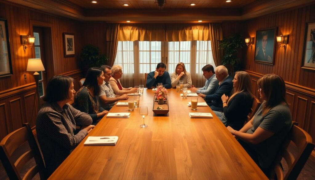 A cozy, well-lit dining room with a rectangular wooden table taking center stage. The table's width allows for comfortable conversation, with guests seated around it engaged in lively discussion. Soft, golden lighting casts a warm glow, complementing the natural wood tones. The room's layout encourages open communication, with chairs positioned to face each other, promoting eye contact and facilitating the exchange of ideas. The overall atmosphere is one of togetherness, where the table's dimensions foster a sense of community and connection among the diners.
