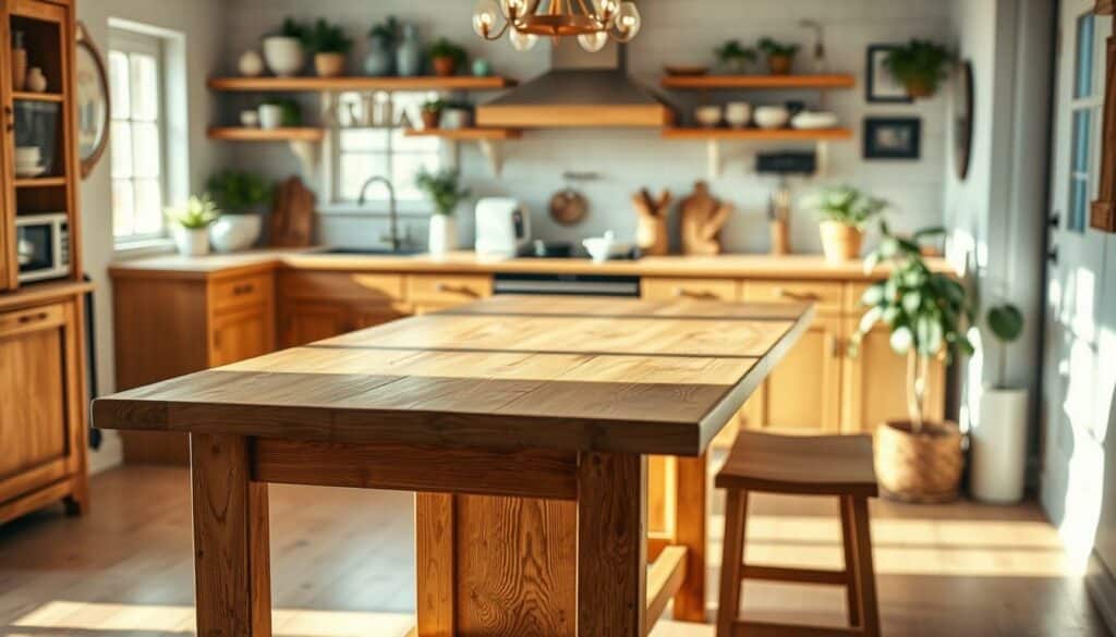 A cozy, well-lit kitchen setting with a large, sturdy wooden table as the central focus. The table is slightly elevated, standing at a comfortable height for dining. The table's surface features a smooth, warm finish, inviting interaction. The kitchen is bathed in soft, natural lighting, highlighting the wooden tones and creating a welcoming ambiance. In the background, subtle details such as shelves, appliances, and potted plants add depth and character to the scene. The overall composition conveys a sense of practicality, functionality, and a touch of rustic elegance, perfectly capturing the "Vorteile" or advantages of a high dining table.