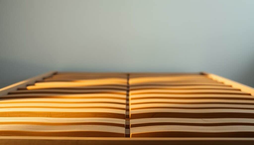 A high-quality, detailed image of a supportive slatted frame designed for box spring beds. The frame is made of sturdy, natural-toned wood planks that provide ample cushioning and support. The slats are evenly spaced and slightly curved to conform to the contours of the mattress. Soft, ambient lighting casts a warm glow, highlighting the natural texture and grain of the wood. The frame is positioned in the middle ground, with a blurred, minimalist background to draw the viewer's focus. The overall scene conveys a sense of comfort, functionality, and quality craftsmanship - a solution to make an overly soft box spring bed more supportive.