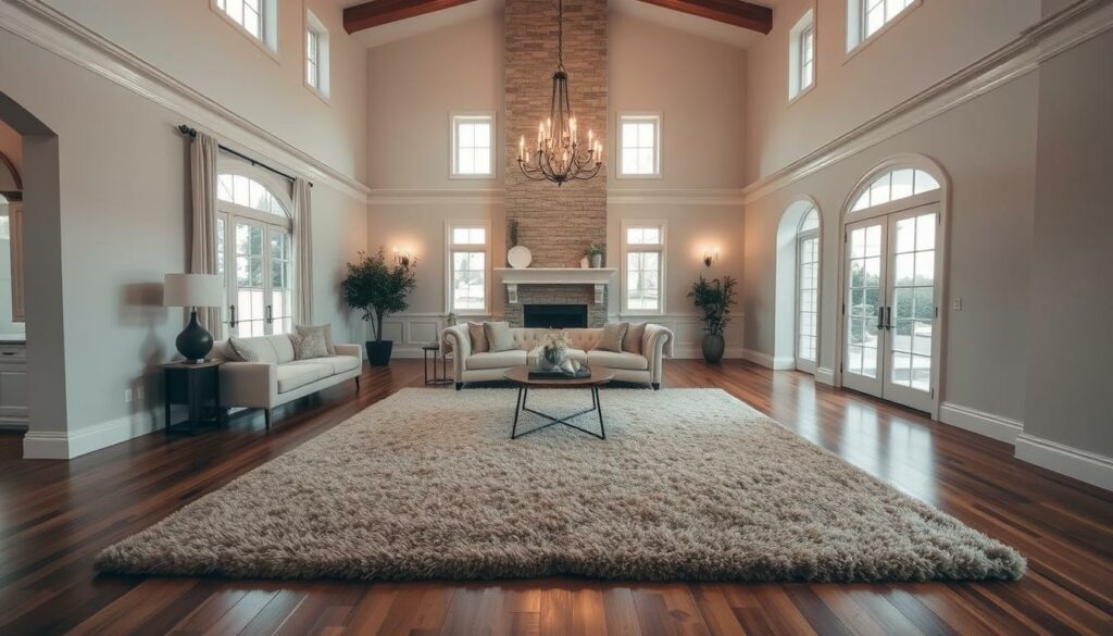 A large, well-lit living room with high ceilings and hardwood floors. In the center, a plush, rectangular area rug in muted earth tones anchors the seating arrangement. Soft, diffused lighting from a chandelier casts a warm glow, highlighting the room's architectural details. The rug's size and placement create a cozy, defined space, allowing for ample walkways around the periphery. An inviting, minimalist aesthetic pervades, with clean lines and a cohesive color palette. The overall scene conveys a sense of elegance, comfort, and harmonious spatial organization.