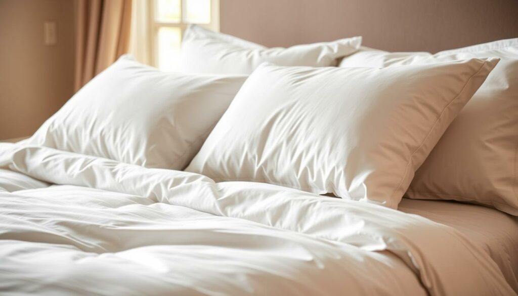 A luxurious bedding set with a soft, inviting texture and a sophisticated, high-quality appearance. A crisp, white duvet cover is the centerpiece, complemented by plush pillows in a matching hue. The fabric has a subtle sheen, catching the warm, diffused light from a window in the background. The overall scene exudes a sense of comfort, relaxation, and attention to detail, perfectly capturing the importance of quality bedding for a restful, rejuvenating sleep.