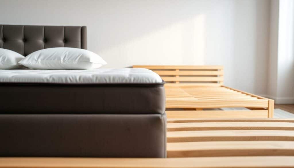 A meticulously detailed comparison of a luxurious box spring bed and a classic slatted bed frame. In the foreground, the plush, pillow-topped box spring bed with its sleek, modern lines and rich, upholstered exterior. In the middle ground, the clean, minimalist design of the slatted bed frame, its wooden slats arranged in a precise, organized pattern. The background showcases a serene, minimalist bedroom setting, with soft, diffused lighting casting a warm, inviting glow. The overall composition conveys the distinct characteristics and benefits of each bedding option, allowing the viewer to appreciate the nuanced differences between the two. Captured with a sharp, high-resolution lens to highlight the intricate details and textures of the materials.