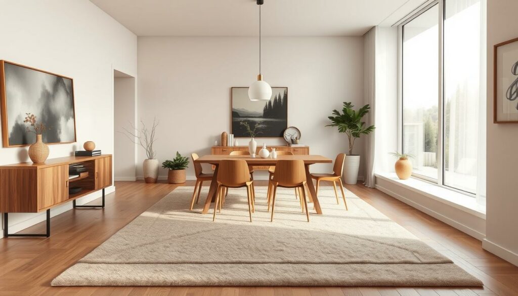A modern and elegantly designed dining room, with a plush, high-quality area rug in the center. The rug features a muted, earthy color palette, complementing the neutral-toned walls and furnishings. The lighting is soft and warm, creating a cozy and inviting atmosphere. The table and chairs are made of natural wood, adding a touch of rustic charm to the space. Large windows allow natural light to flood the room, enhancing the overall sense of spaciousness and serenity. Carefully curated decorative elements, such as potted plants and minimal artwork, add visual interest without overwhelming the space. The overall aesthetic is one of understated sophistication, reflecting the perfect balance between form and function.
