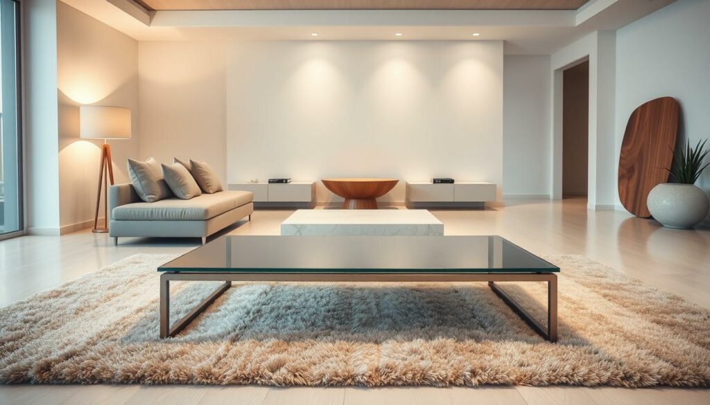 A sleek, modern living room with a variety of coffee table shapes positioned prominently in the frame. In the foreground, a rectangular glass-topped table with a minimalist metal frame sits atop a plush, neutral-toned rug. To the side, a round wooden coffee table with a simple, organic form complements the space. In the middle ground, a square, low-profile table with a smooth stone surface adds visual interest. Soft, diffused lighting from floor lamps and recessed ceiling fixtures creates a warm, inviting ambiance, highlighting the varied textures and materials of the coffee table designs. The background features clean, modern walls and subtle décor, allowing the coffee table forms to take center stage as the focal point of the room.