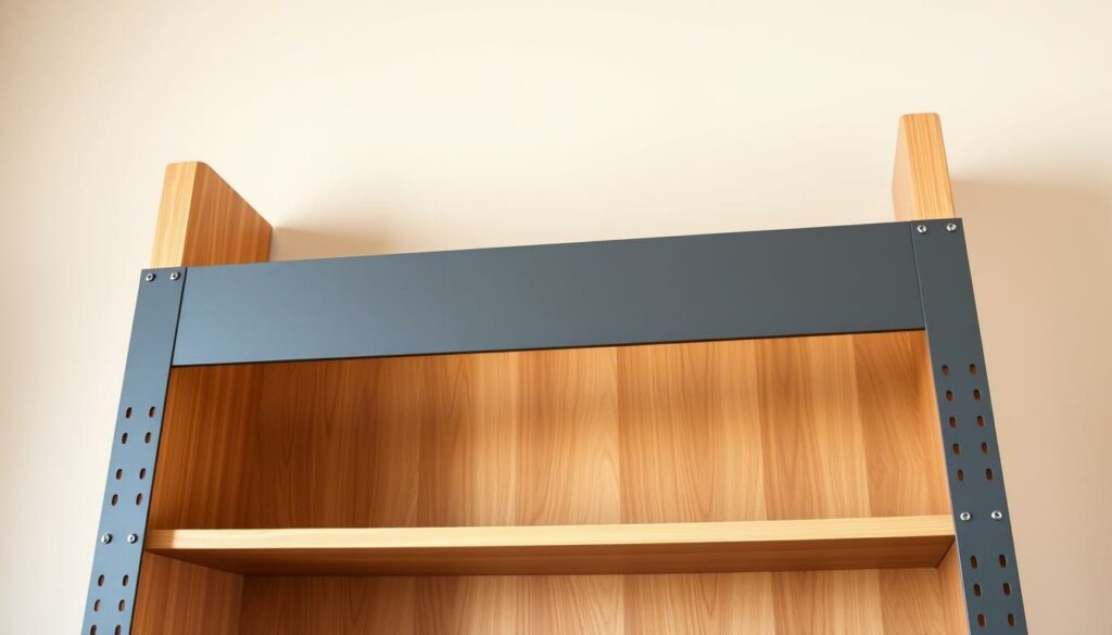 A sturdy, metal Anfahrschutz mounted to the front of a wooden bookshelf, its robust construction clearly visible. The surface has a matte, industrial finish that contrasts with the warm tones of the wooden shelves behind it. The Anfahrschutz spans the full width of the bookshelf, its angular design catching the soft, directional lighting from above. In the background, the bookshelf is set against a plain, neutral wall, drawing the viewer's attention to the protective device in the foreground. The overall scene conveys a sense of functional, no-nonsense design intended to prevent the bookshelf from tipping over during accidents or impacts.