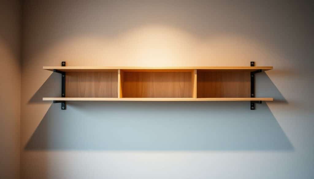 A sturdy wall-mounted shelving unit, its weight evenly distributed across multiple secure anchor points. Warm, natural wood tones harmonize with a minimalist, contemporary design. Subtle shadows cast by carefully positioned lighting accentuate the sleek, floating appearance. The shelves appear to defy gravity, their load effortlessly supported by a robust, hidden mounting system. The overall impression is one of balance, stability, and thoughtful engineering - a visual representation of the principles of uniform load distribution.