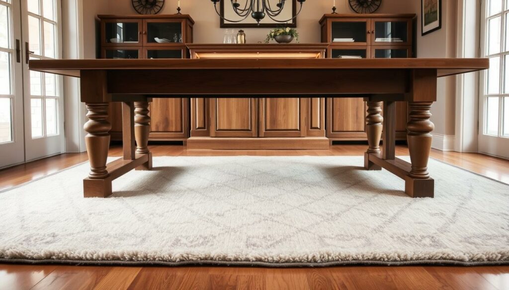A warm, well-lit dining room with a large, rectangular oak table in the center. Beneath the table, a plush, soft-textured rug in a muted earth-tone color palette extends several feet beyond the table's edges, creating a cozy and inviting atmosphere. The rug's size is perfectly proportioned to the table, striking a harmonious balance between the two elements. Subtle patterns or textures in the rug add visual interest, while the overall composition conveys a sense of elegance and sophistication. The lighting, perhaps from a hanging chandelier or sconces, casts a gentle glow, highlighting the natural beauty of the wood and textiles. The scene exudes a sense of comfort and thoughtful design, perfectly suited for the "Optimale Teppichgröße unter dem Esstisch" article.
