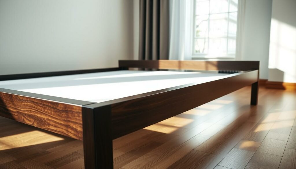 A well-lit, close-up photograph of a sleek and modern boxspring bed frame resting on a hardwood floor. The frame is made of dark, polished wood with clean lines and a sturdy, minimalist design. The surface of the frame is free of dust and debris, showcasing its pristine condition. Soft, diffused natural light from a nearby window bathes the scene, casting gentle shadows that accentuate the frame's elegant contours. The overall atmosphere is one of simplicity, cleanliness, and attention to detail, perfectly illustrating the proper care and maintenance of a boxspring bed frame.