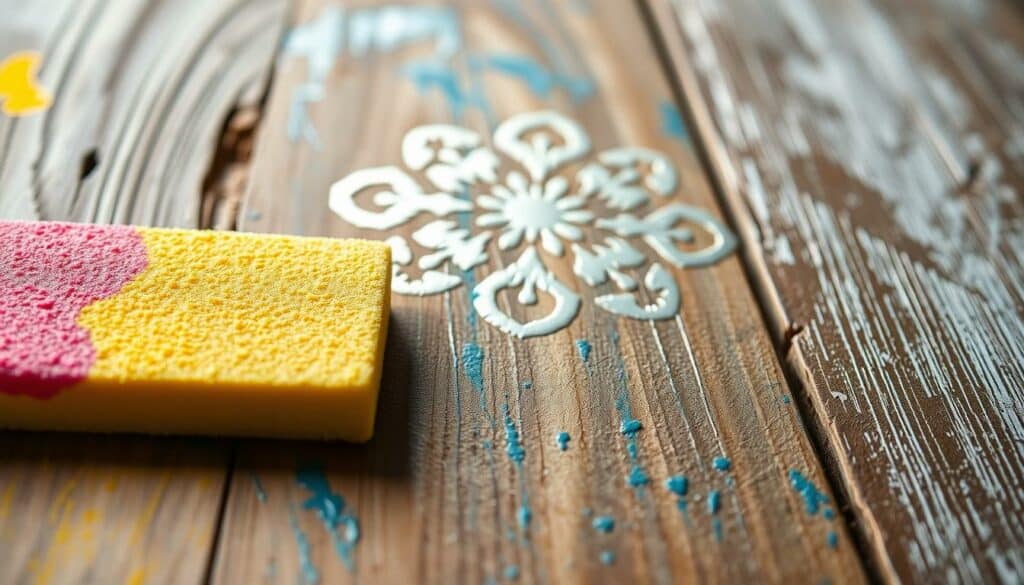 A well-lit, close-up shot of a variety of creative paint techniques showcased on a wooden surface. The foreground features a sponge-painted pattern in vibrant colors, with a subtle gradient effect. The middle ground displays an intricate stenciled design using metallic paints. In the background, a textured brushstroke technique creates a sense of depth and movement. The overall composition highlights the versatility and artistry of these "kreative Lackiertechniken" in a manner that would visually complement the "Farbliche Akzente setzen" section of the article.