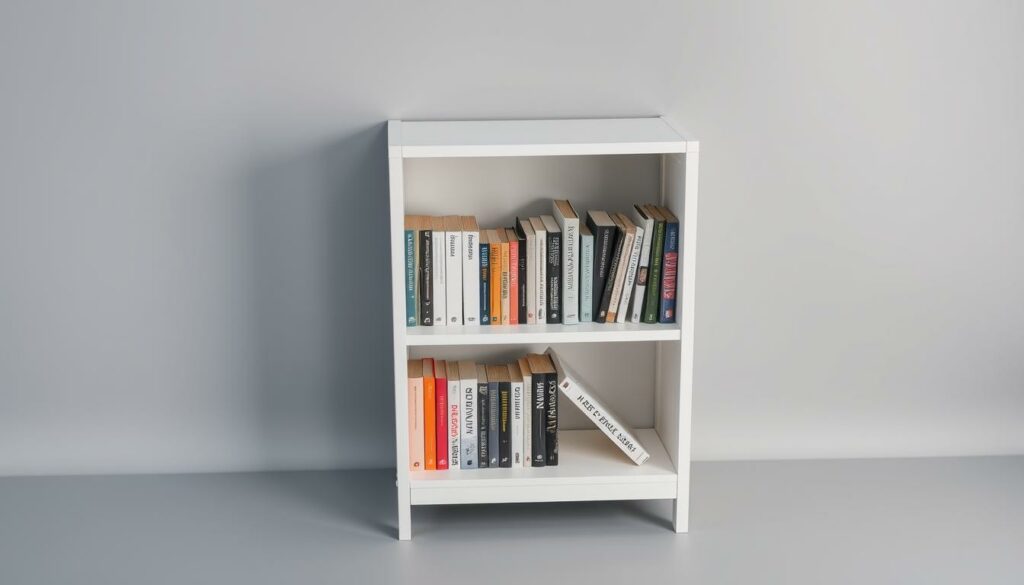 A well-lit, high-angle close-up shot of a small, white, wood-constructed IKEA Billy bookshelf standing against a neutral gray background. The bookshelf has three adjustable shelves, measuring 80cm wide, 28cm deep, and 106cm tall. The shelves are neatly arranged with various sized books, creating a visually balanced and organized display. The lighting is soft and diffused, highlighting the texture of the wood and the spines of the books. The overall mood is calm, minimalist, and showcases the storage capabilities of this compact Billy bookshelf design.