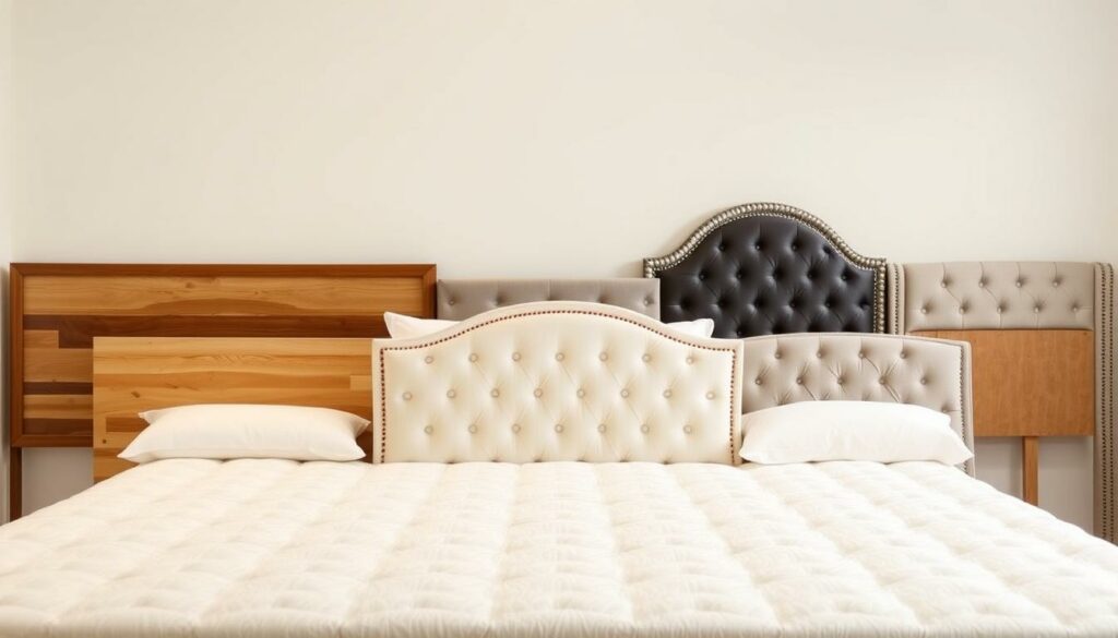 A well-lit, high-resolution photograph showcasing various headboard designs for box spring beds. The foreground features an array of headboard styles, ranging from minimalist wooden panels to ornate, tufted fabric designs. The middle ground highlights the differing heights of the headboards, emphasizing the visual contrast. The background is a clean, neutral studio setting with soft, indirect lighting that accentuates the textures and details of the headboards. The overall composition and lighting create a professional, high-quality aesthetic suitable for an article on box spring bed heights and headboard variations.