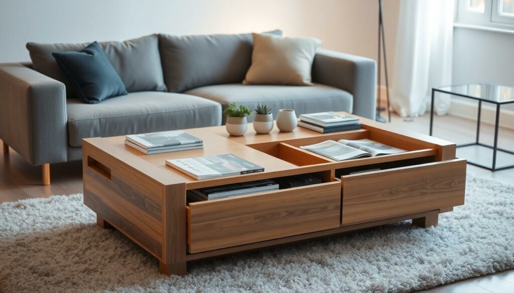 A well-lit, modern living room with a gray sofa as the focal point. In the foreground, a minimalist coffee table with clean lines and a substantial wooden frame, featuring multiple storage compartments and drawers, allowing for organized display and concealed storage of books, magazines, and other living room essentials. The table is situated on a plush, neutral-toned rug, adding a cozy and welcoming atmosphere. The middle ground showcases a few potted plants and a sleek, rectangular side table, complementing the room's contemporary aesthetic. The background features neutral-colored walls, warm lighting, and perhaps a glimpse of a window, creating a serene and inviting ambiance.