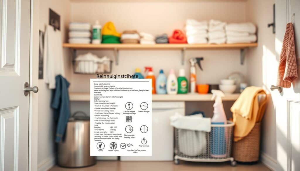 A well-lit, neatly organized laundry room featuring a variety of household cleaning supplies and tools. In the foreground, a set of detailed care instructions and symbols - the "Reinigungshinweise" - are displayed on a large, crisp white label. The middle ground showcases a range of fabric care products, from detergents to stain removers, arranged in a visually appealing manner. The background depicts a warm, inviting atmosphere with natural light filtering in, creating a sense of cleanliness and organization. The overall scene conveys a practical, informative, and visually pleasing representation of the proper care and maintenance of household textiles.