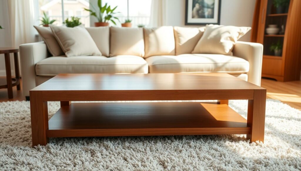 A well-maintained, gleaming coffee table takes center stage in a sun-dappled living room. Warm wooden tones and a sleek, minimalist design create an inviting focal point. Soft, diffused lighting casts a gentle glow, highlighting the table's polished surface. In the foreground, a plush, textured rug grounds the scene, while in the background, potted plants and framed artwork add subtle pops of color. The overall atmosphere conveys a sense of serene, effortless elegance - a perfect complement to the cozy sofa. This image visually encapsulates the importance of thoughtful care and attention to detail when it comes to preserving the beauty and functionality of a cherished coffee table.