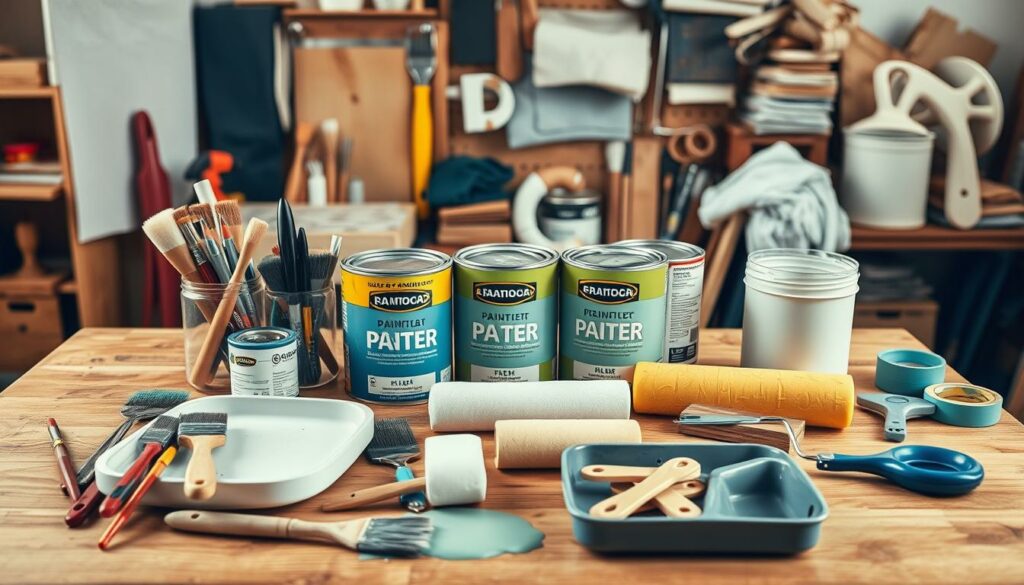 A well-organized DIY painting workspace with various painting supplies neatly arranged on a wooden table. In the foreground, an assortment of high-quality paintbrushes, rollers, and trays. In the middle ground, cans of premium paint in a range of colors suitable for painting a Billy bookshelf. In the background, other DIY tools and accessories such as sandpaper, drop cloths, and painter's tape, all bathed in warm, natural lighting that creates a cozy, productive atmosphere. The overall composition conveys a sense of preparedness and attention to detail for the task at hand.