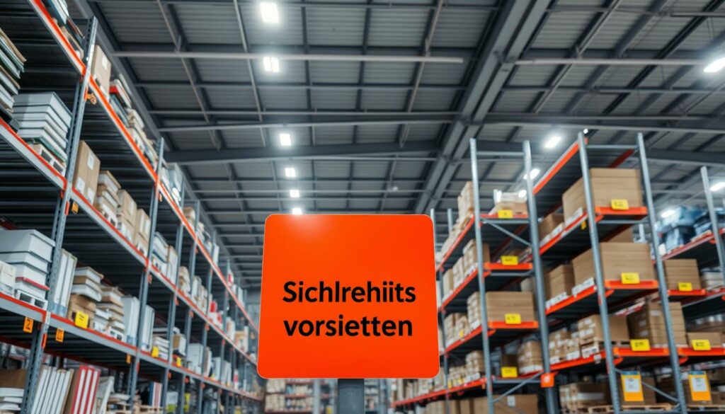 A well-organized industrial warehouse with sturdy metal shelving units arranged in neat rows. The shelves are filled with various office supplies and files, conveying a sense of order and efficiency. Bright overhead lighting casts a clean, professional glow, highlighting the clear signage and safety symbols adorning the shelves. In the foreground, a prominent "Sicherheitsvorschriften" sign stands as a bold reminder of the importance of workplace safety protocols. The overall atmosphere is one of controlled organization, where safety and productivity coexist harmoniously.