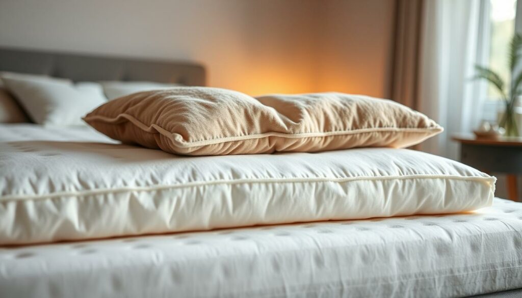 A well-worn, plush Lebensdauer Topper rests atop a pristine white mattress, its soft surface invitingly plush against the warm glow of gentle lighting. The topper's luxurious fabric shimmers subtly, hinting at its durability and comfort. In the background, a minimalist, Scandinavian-inspired bedroom scene sets the stage, with clean lines and muted tones creating a serene, relaxing ambiance. The camera captures the topper from a slightly elevated angle, emphasizing its central role in the scene and the importance of this essential bedding component. Overall, the image conveys a sense of quality, longevity, and the essential role a Lebensdauer Topper plays in a comfortable, restful night's sleep.