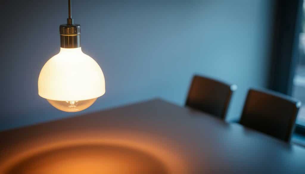 An elegantly designed height-adjustable pendant lamp, its sleek metallic body suspended from a delicate wire frame. Diffused, warm light emanates from the lamp's dimmable bulb, casting a cozy glow over the dining table below. The lamp's position can be effortlessly raised or lowered, allowing for customized lighting to suit any mood or task at hand. Crisp shadows dance across the table's surface, creating a captivating interplay of light and shadow. The lamp's minimalist aesthetic seamlessly blends with the surrounding decor, subtly drawing the eye upwards and enhancing the overall ambiance of the space.