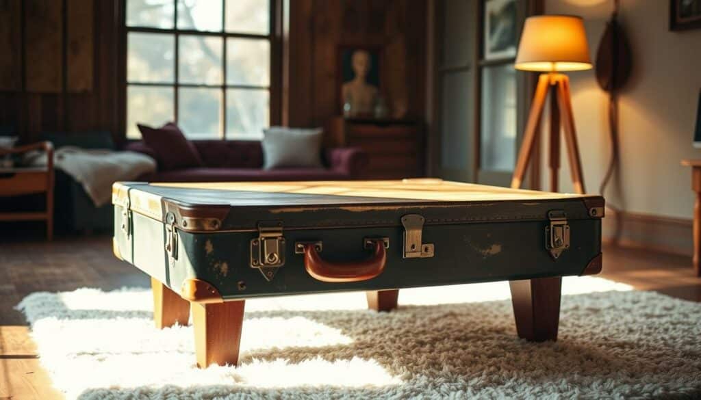 Detailed image of a DIY upcycled coffee table made from vintage suitcases. A large central suitcase serves as the tabletop, with smaller suitcases used as legs. The suitcases have a well-worn, distressed appearance, with scuffs, scratches, and faded colors. Warm lighting from a nearby lamp casts a cozy glow across the scene. The table is positioned in a rustic, minimalist living room setting, with a plush area rug and a large window in the background, allowing natural light to stream in. The overall mood is one of repurposed charm and industrial-chic style.