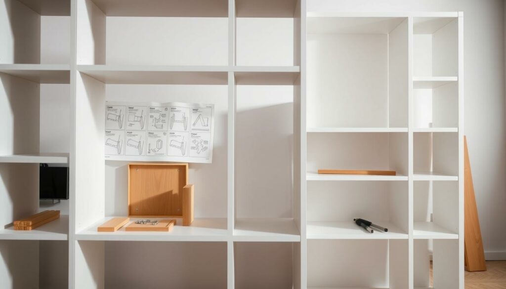 Intricate assembly of a modern white IKEA Billy bookcase, displaying the detailed construction process. The foreground showcases a partially assembled shelf unit, with wooden parts, screws, and tools meticulously arranged. The middle ground depicts the step-by-step instructions unfolding, guiding the viewer through the assembly. The background features a well-lit, minimalist workspace, with clean lines and neutral tones, creating a sense of focused precision. Soft shadows and highlights accentuate the three-dimensional nature of the scene, inviting the viewer to immerse themselves in the tactile experience of putting together this classic Swedish furniture piece.